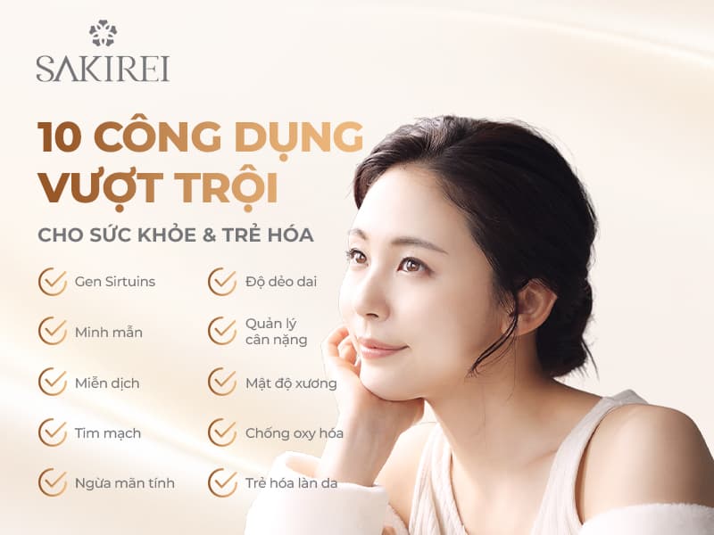 10 công dụng của Sakirei Premium NMN 9120 cho sức khỏe và sắc đẹp: gen Sirtuins, miễn dịch, tim mạch, mật độ xương, chống oxy hóa và làn da