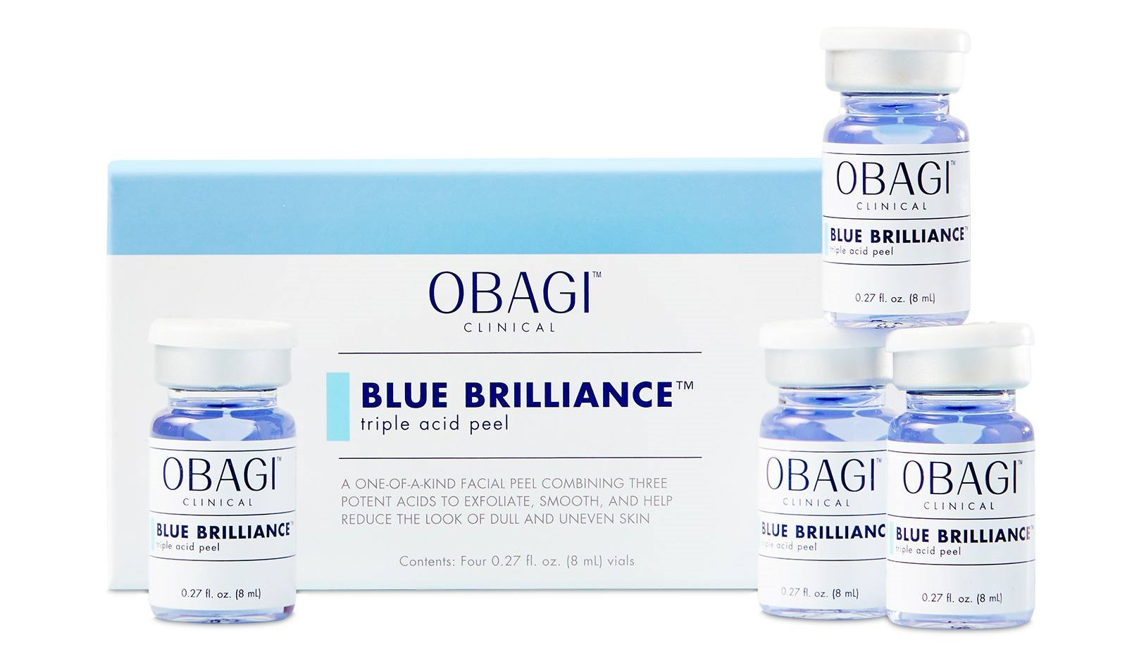 Bộ Obagi Clinical Blue Brilliance Triple Acid Peel với sự góp mặt của Glycolic acid giúp lột bỏ lớp da xỉn màu, loại bỏ nám tàn nhang hiệu quả