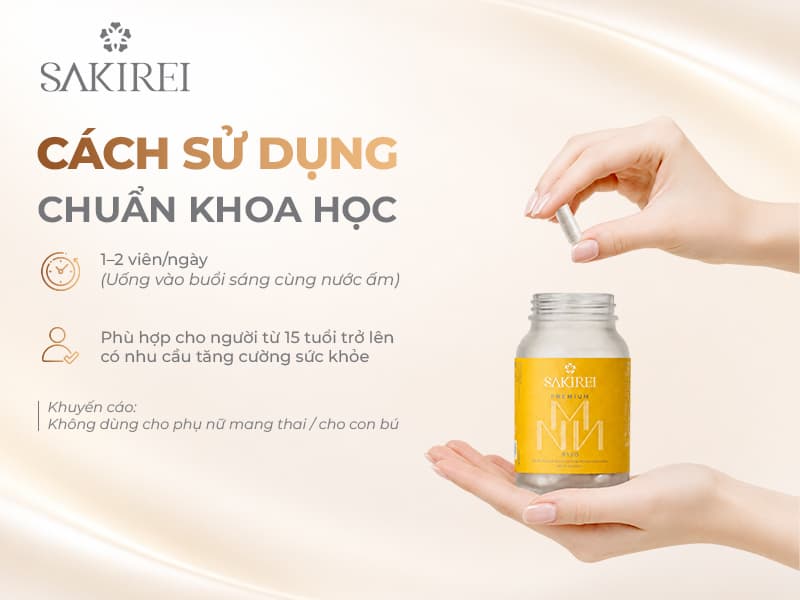 Hướng dẫn dùng Sakirei Premium NMN 9120: uống 1-2 viên mỗi ngày vào buổi sáng  cùng nước ấm, dành cho người từ 15 tuổi